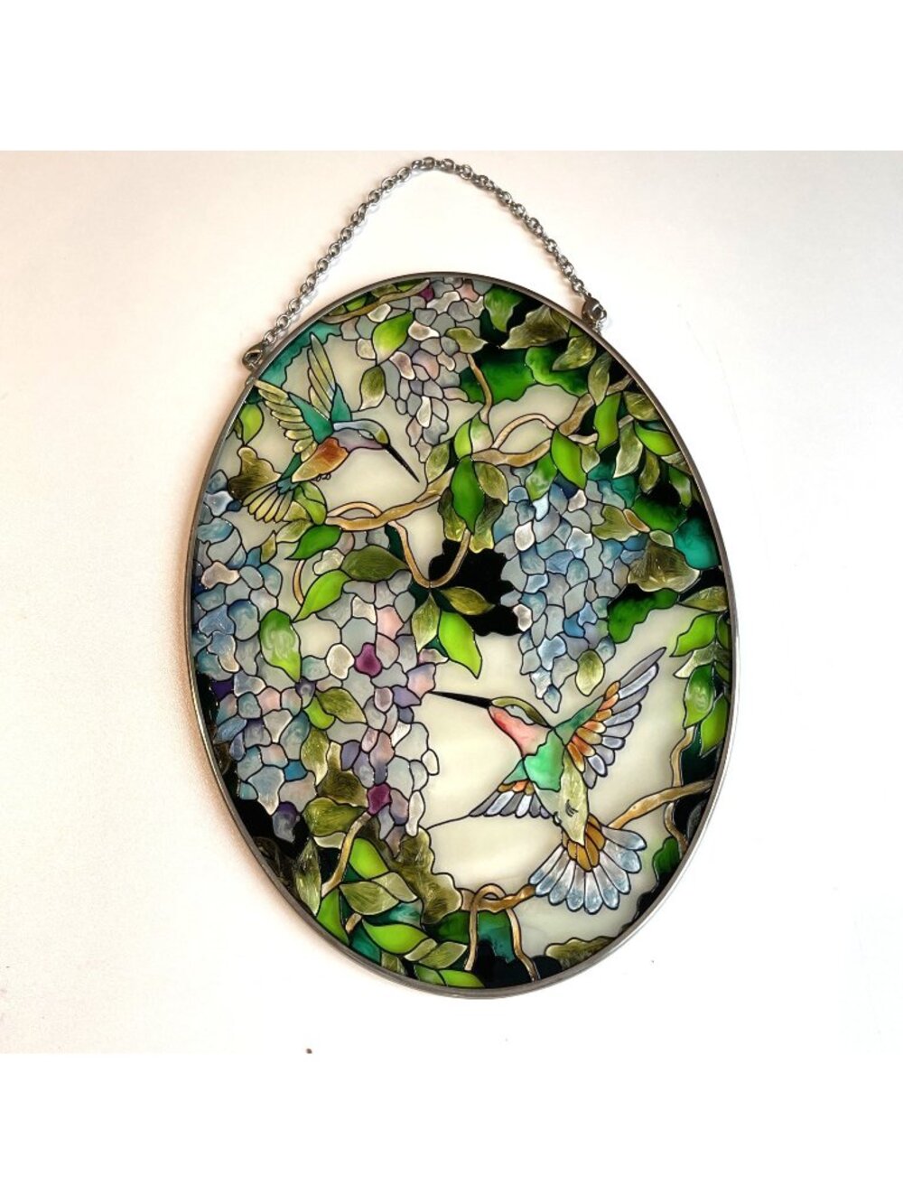 Amira Hummingbird Hand Painted Sun Catcher Oval 9" Multicolor Flowers Nature